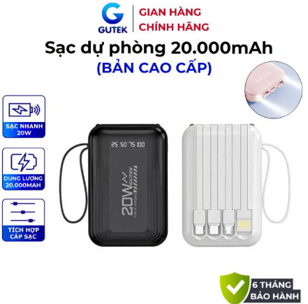 Pin Sạc dự phòng 20000mah sạc nhanh 20W nhỏ gọn có sẵn dây sạc đ