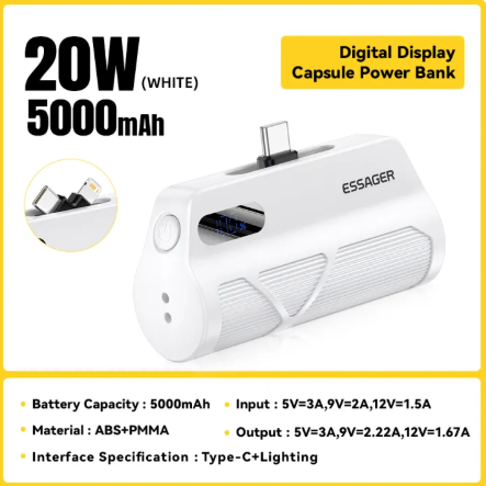 Essager PD20W 5000mAh Power Bank Type C+Lightning Wireless Charg