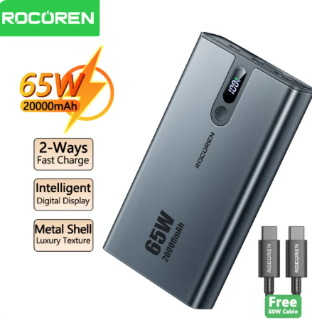 Rocoren 20000mAh PD65W Power Bank Metal Case Original Fast Charg
