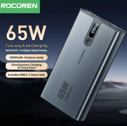 Rocoren Power Bank 65W 20000mAh 3-Port Metal Case Fast Charging