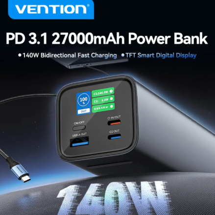 Vention 27000mAh 100W/140W Power Bank - Smart Color TFT Display