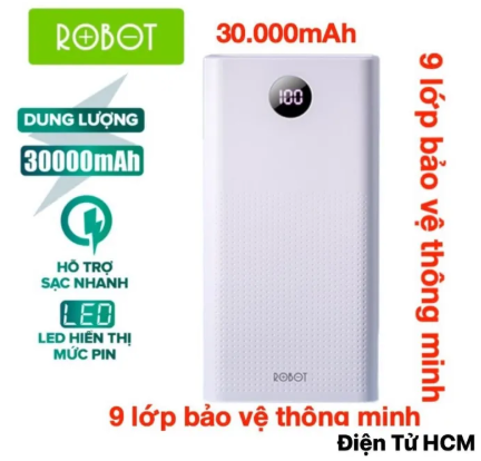 Pin Sạc Dự Phòng 30000mAh ROBOT RT30 - Sạc Nhanh PD/QC 3.0 - Côn