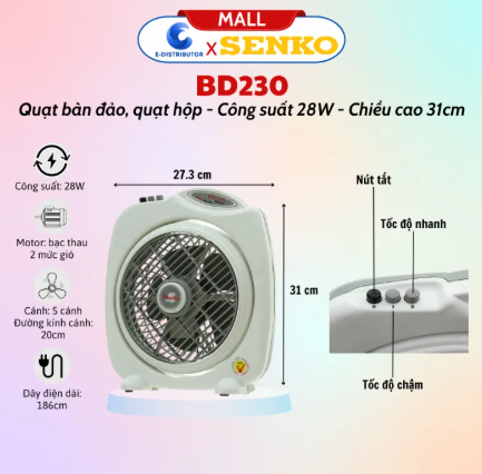 Quạt Bàn Đảo Mini 2 Tấc Senko Cao Cấp BD230 28W - Quạt Hộp Nhỏ G